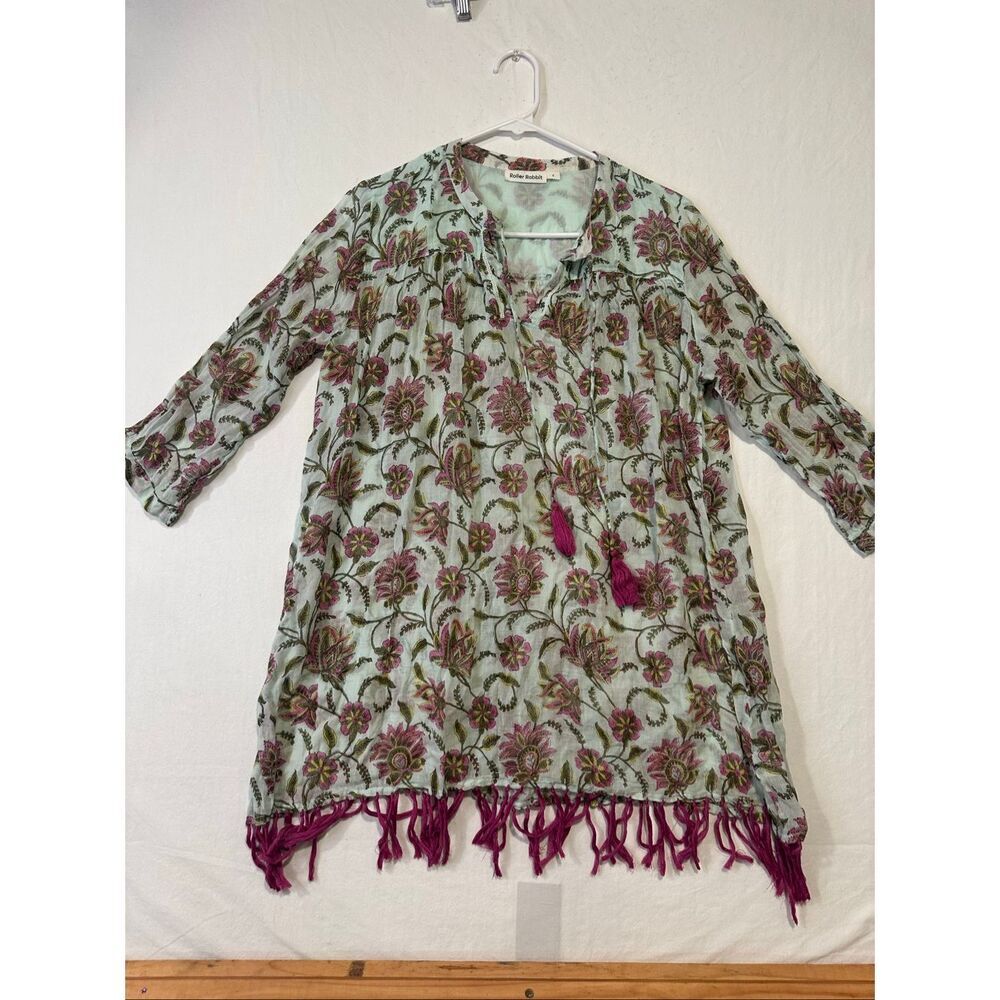 Roller Rabbit Floral Tassel Tunic Cover Up Top Size S 100% Cotton India Boho